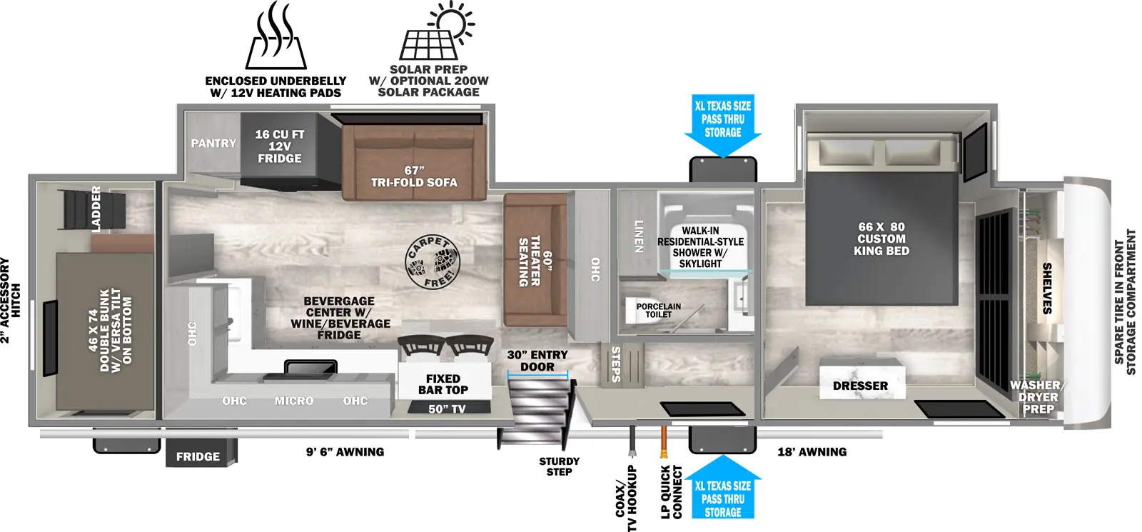 The Heritage Glen Fifth Wheels 328BH has one entry and two slide outs. Exterior features include: fiberglass exterior and 9'6" & 18' awning. Interiors features include: bunk beds and front bedroom.